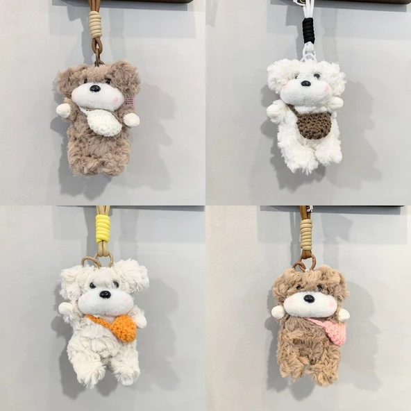 Peluş Köpek Anahtarlık - Beyaz Köpek Kahverengi Çanta - 13cm - 10