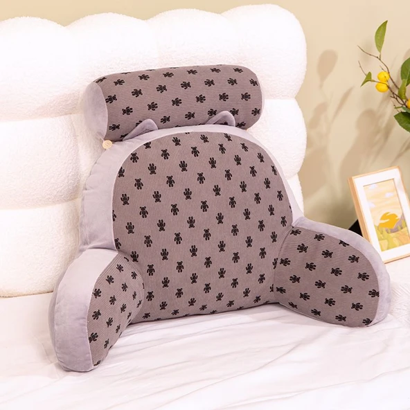 Çiçek Desenli Peluş Bel Destek Yastığı - Koyu Gri Ayı 76x33x50cm