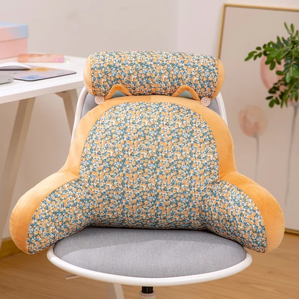 Çiçek Desenli Peluş Bel Destek Yastığı - Çiçekli Zencefil Sarısı 66x30x40cm
