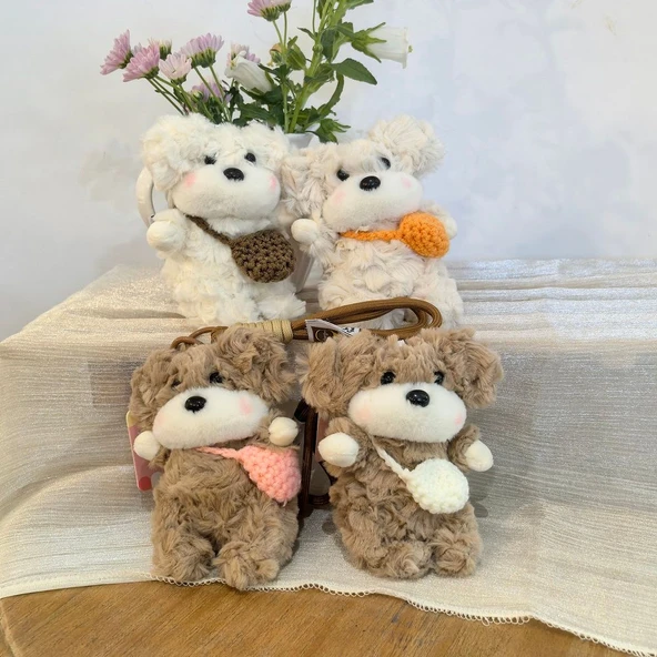 Peluş Köpek Anahtarlık - Beyaz Köpek Kahverengi Çanta - 13cm - 3