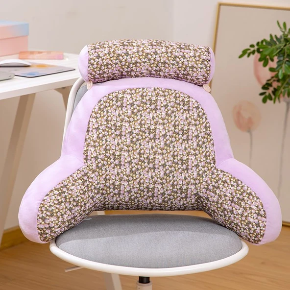 Çiçek Desenli Peluş Bel Destek Yastığı - Çiçekli Mor 66x30x40cm
