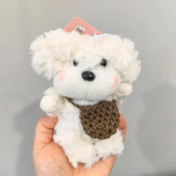 Peluş Köpek Anahtarlık - Beyaz Köpek Kahverengi Çanta - 13cm