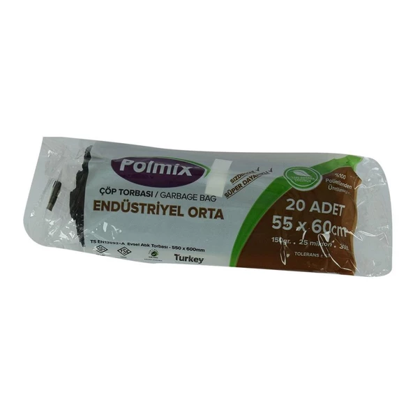 Polmix Orta Boy Siyah Çöp Torbası 55x60Cm 150Gr 25Mikr 30Lt 20Ad