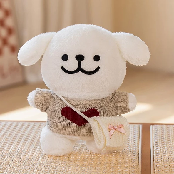 Sevimli Çizgi Köpek Peluş Oyuncak - Beyaz - Haki Kazaklı Çanta 25cm