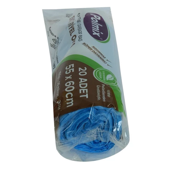 Polmix Orta Boy Mavi Çöp Torbası 55x60Cm 150Gr 25Mikr 30Lt 20Adt - 3