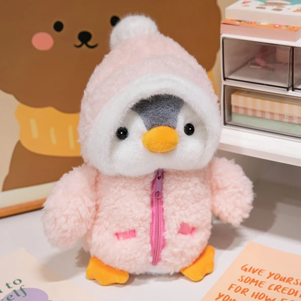 Şapka Değiştiren Penguen Peluş Oyuncak Bebek - Pembe 25cm