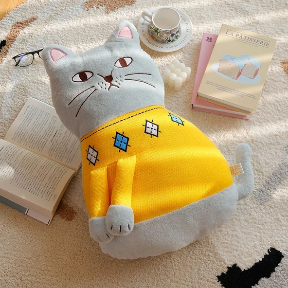Şanslı Kedi Peluş Yastık - Sarı - 60x40cm