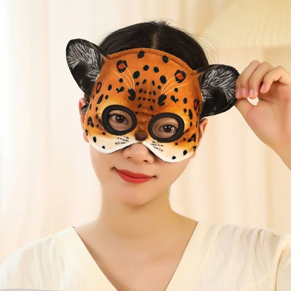 Peluş Uyku Göz Maskesi - Kahverengi Leopar - 14x18cm - 5