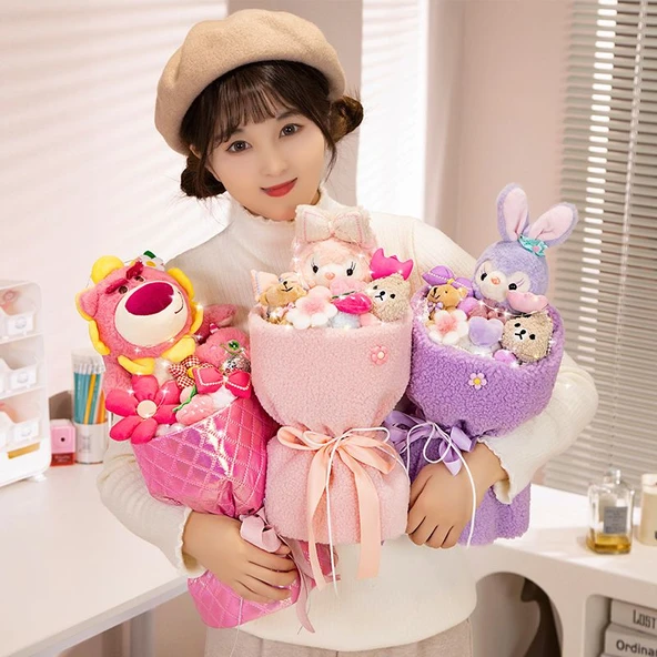 Çizgi Film Peluş Oyuncak Buketi - Açık Pembe Lacivert Ayı 40x23cm - 8