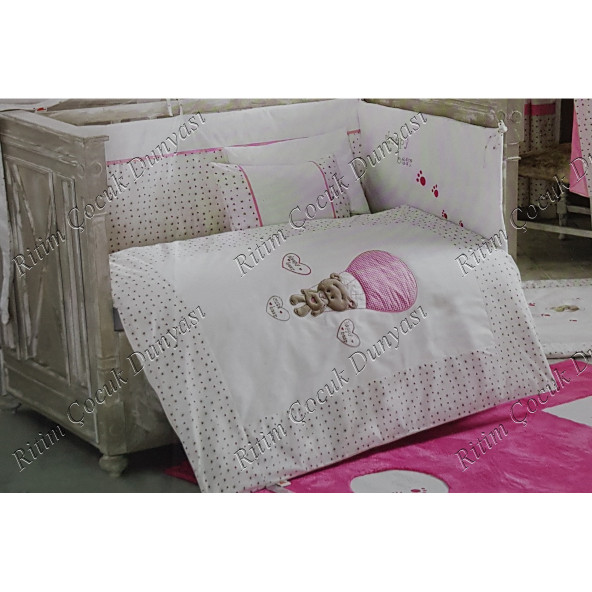 Kidboo 70x130 Cute Bear Pink Kenarlıklı Beşik Uyku Seti (Mobilyalar için)