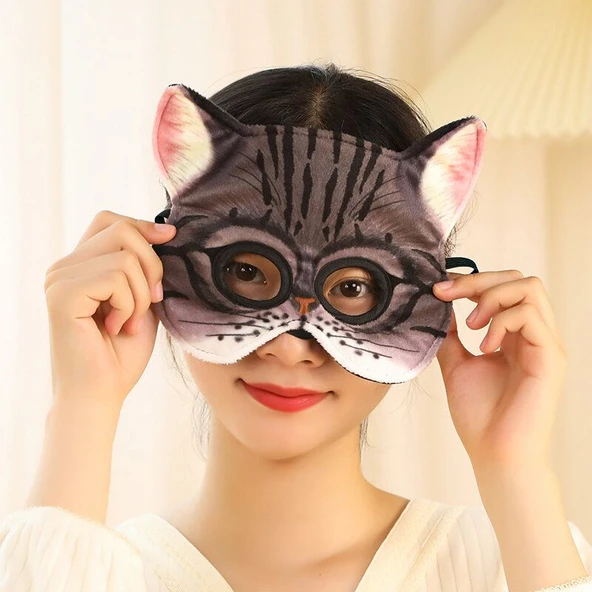 Peluş Uyku Göz Maskesi - Gri Kedi - 14x18cm