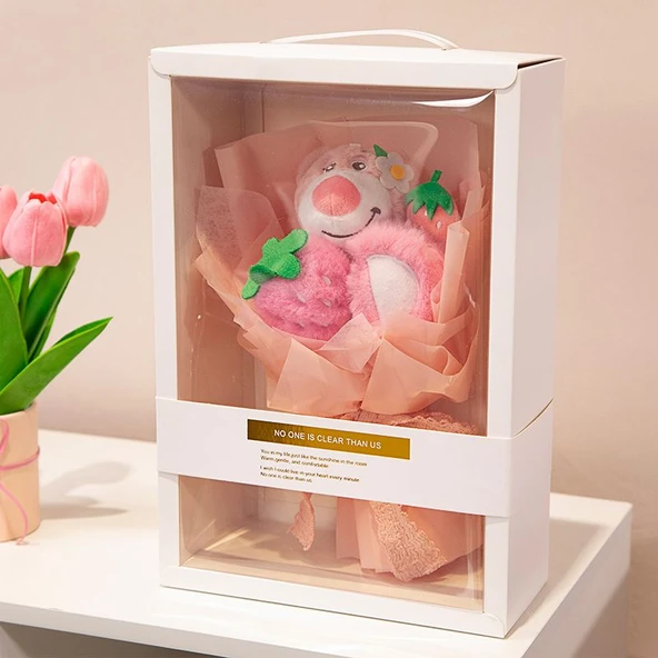 Çizgi Film Peluş Oyuncak Buketi - Hediye Kutulu Pembe Ayı 30.5x20.5x9cm