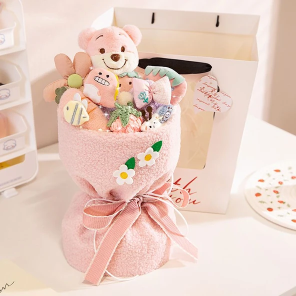 Çizgi Film Peluş Oyuncak Buketi - Açık Pembe Lacivert Ayı 40x23cm