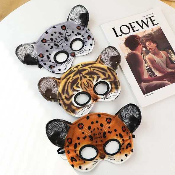 Peluş Uyku Göz Maskesi - Kahverengi Leopar - 14x18cm - 10