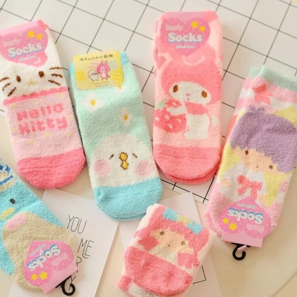 Yumuşak Peluş Çorap - Kahverengi Sarı Pembe Tavşan