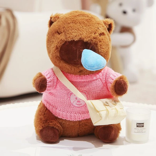 Giysili Kapibara Peluş Oyuncak 25cm - Pembe Giysili Ayı Kafalı