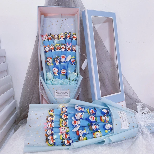 Mavi 18 Doraemon + 6 Çiçekli Uzun Hediye Kutusu (60x20x12cm) - 4