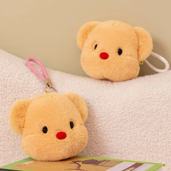Ayıcık Kartlık Kulaklık Bozuk Para Cüzdanı - Kahverengi Askılıklı 12cm - 6