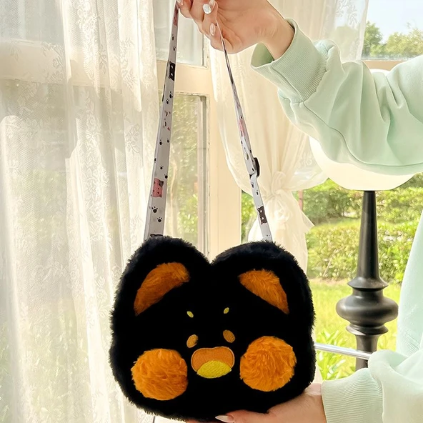 Peluş Kedi Çanta - Gri - 23x21cm - 10