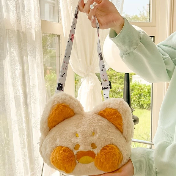 Peluş Kedi Çanta - Gri - 23x21cm - 9