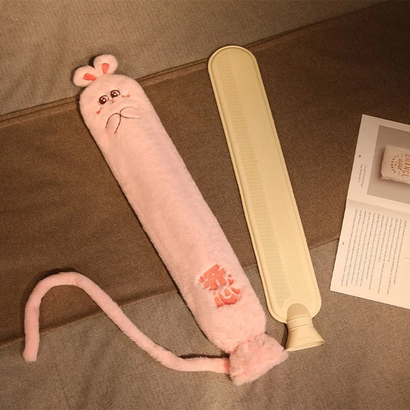 Çizgili Uzun Sıcak Su Torbası Peluş Oyuncak - Pembe Büyük İşlemeli