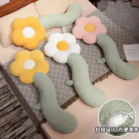 Çiçek Tasarımlı Uzun Peluş Yastık - Sarı Puf Kadife - 130cm - 7