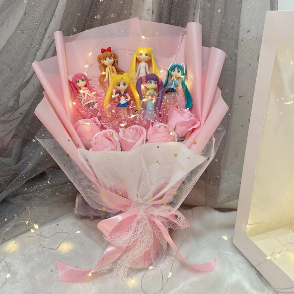 Sailor Moon Peluş Oyuncak - Pembe 6 Savaşçı 5 Çiçek Küçük Hediye Kutusu 48*15*8 - 9