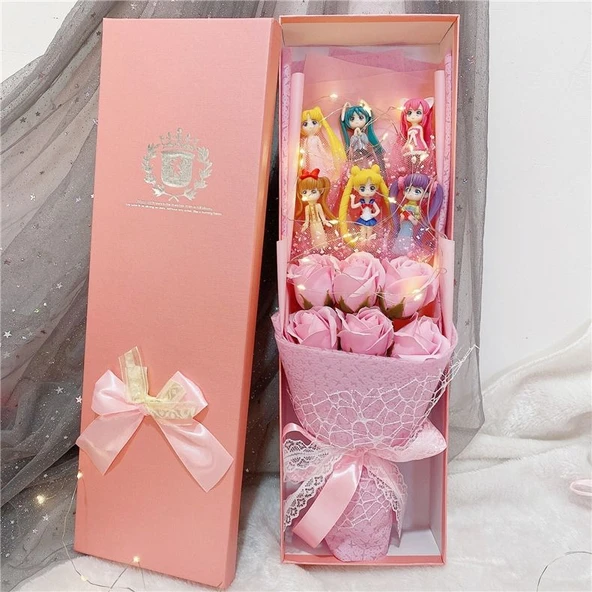 Sailor Moon Peluş Oyuncak - Pembe 6 Savaşçı 5 Çiçek Küçük Hediye Kutusu 48*15*8