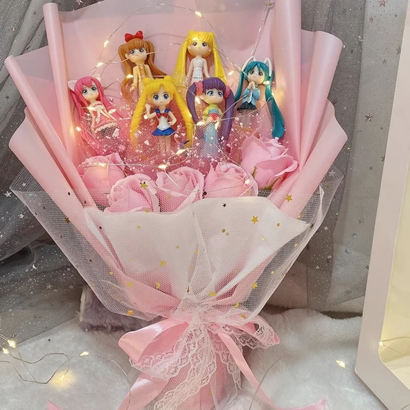 Sailor Moon Peluş Oyuncak - Pembe 6 Savaşçı 5 Çiçek El Çantası 25*35