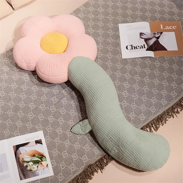 Çiçek Tasarımlı Uzun Peluş Yastık - Pembe Puf Kadife - 130cm