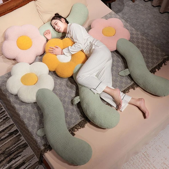 Çiçek Tasarımlı Uzun Peluş Yastık - Pembe Puf Kadife - 130cm - 5