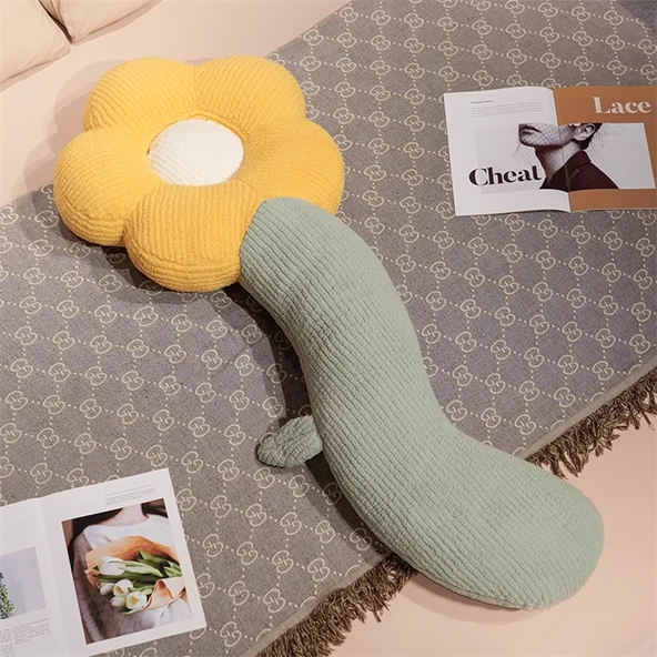 Çiçek Tasarımlı Uzun Peluş Yastık - Sarı Puf Kadife - 130cm