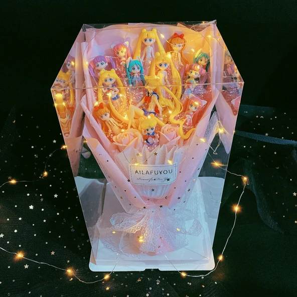Sailor Moon Peluş Oyuncak - Pembe 6 Savaşçı 5 Çiçek Küçük Hediye Kutusu 48*15*8 - 7
