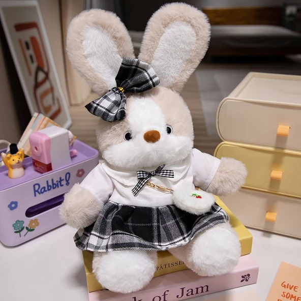 35cm Çiçek Elbiseli Peluş Tavşan Bebek - Öğrenci Etekli - 5