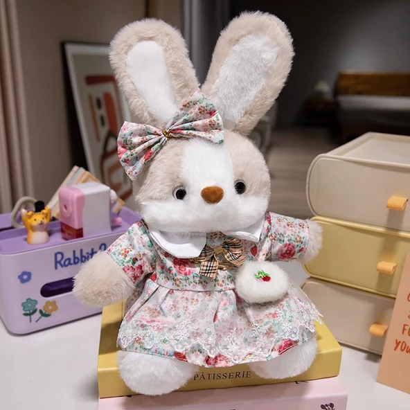 35cm Çiçek Elbiseli Peluş Tavşan Bebek - Gül Desenli