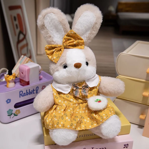35cm Çiçek Elbiseli Peluş Tavşan Bebek - Sarı Çiçekli