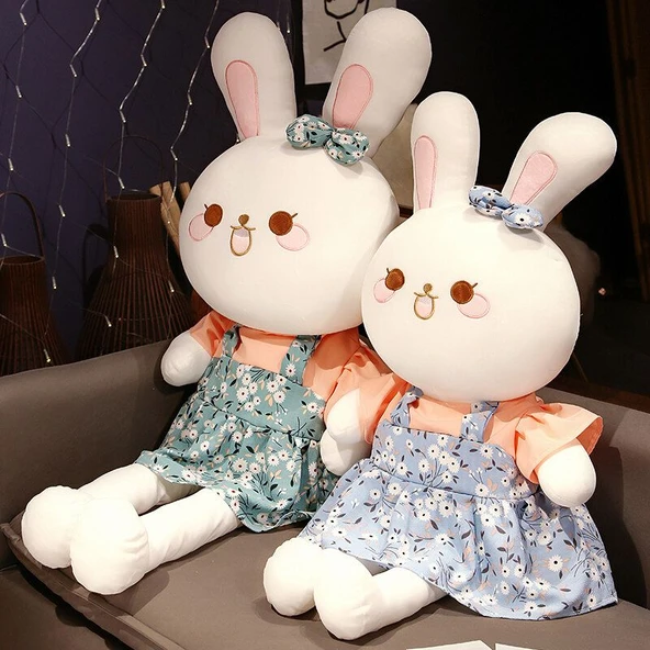 Çiçek Desenli Tavşan Peluş Oyuncak - Mavi Çiçekli Tavşan 80cm - 5