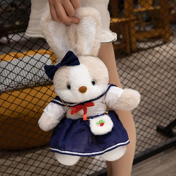 35cm Çiçek Elbiseli Peluş Tavşan Bebek - Öğrenci Etekli - 9