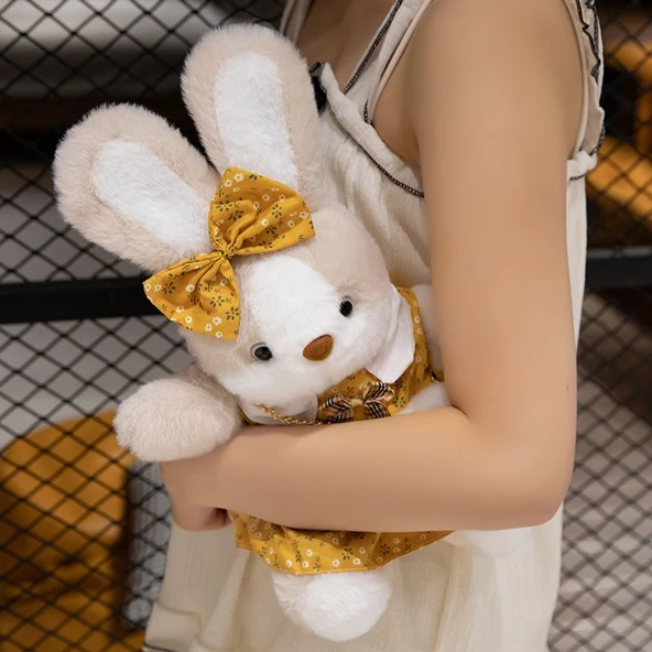 35cm Çiçek Elbiseli Peluş Tavşan Bebek - Öğrenci Etekli - 8