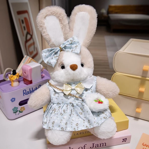35cm Çiçek Elbiseli Peluş Tavşan Bebek - Öğrenci Etekli - 11