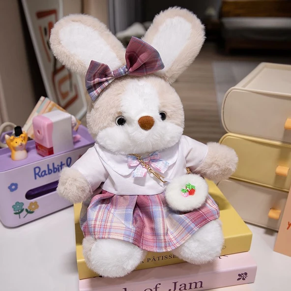 35cm Çiçek Elbiseli Peluş Tavşan Bebek - Gül Kırmızısı
