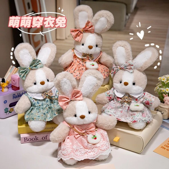 35cm Çiçek Elbiseli Peluş Tavşan Bebek - Öğrenci Etekli - 3