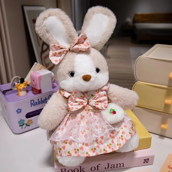 35cm Çiçek Elbiseli Peluş Tavşan Bebek - Öğrenci Etekli - 6