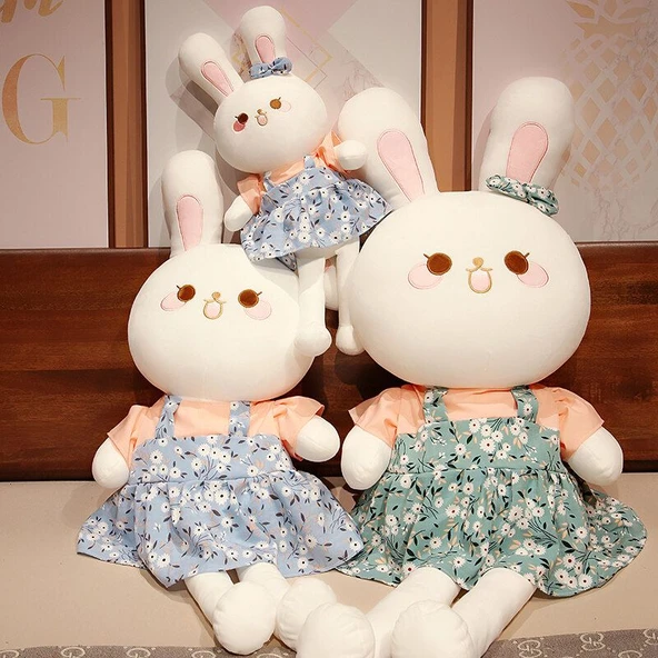 Çiçek Desenli Tavşan Peluş Oyuncak - Mavi Çiçekli Tavşan 130cm - 8