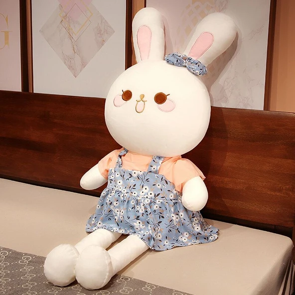 Çiçek Desenli Tavşan Peluş Oyuncak - Mavi Çiçekli Tavşan 80cm