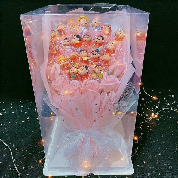 Şeffaf Hediye Kutulu Peluş Oyuncak - Pembe - 6 Shin-chan 19 Çiçek - 38x22x22 cm - 11