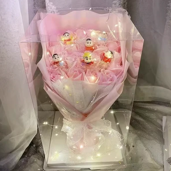 Şeffaf Hediye Kutulu Peluş Oyuncak - Pembe - 6 Shin-chan 19 Çiçek - 38x22x22 cm