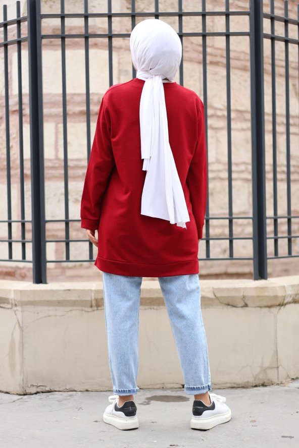 Yırtmaçlı Yuvarlak Yaka Tesettür Sweatshirt - Bordo - 4