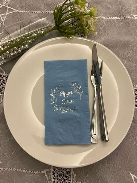 Gümüş Yaldızlı Mavi Afiyet Olsun Çiçekli Çelenk Garson Peçete 16 Adet ürün görseli 1