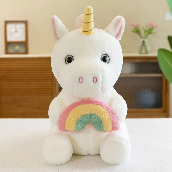 Gökkuşağı Tek Boynuzlu Peluş Oyuncak - Beyaz 25cm